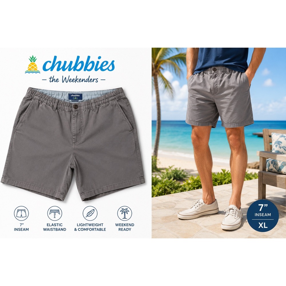 Chubbies Weekenders Shorts XL Gray Elastic Waist 7" Inseam Stretch Casual